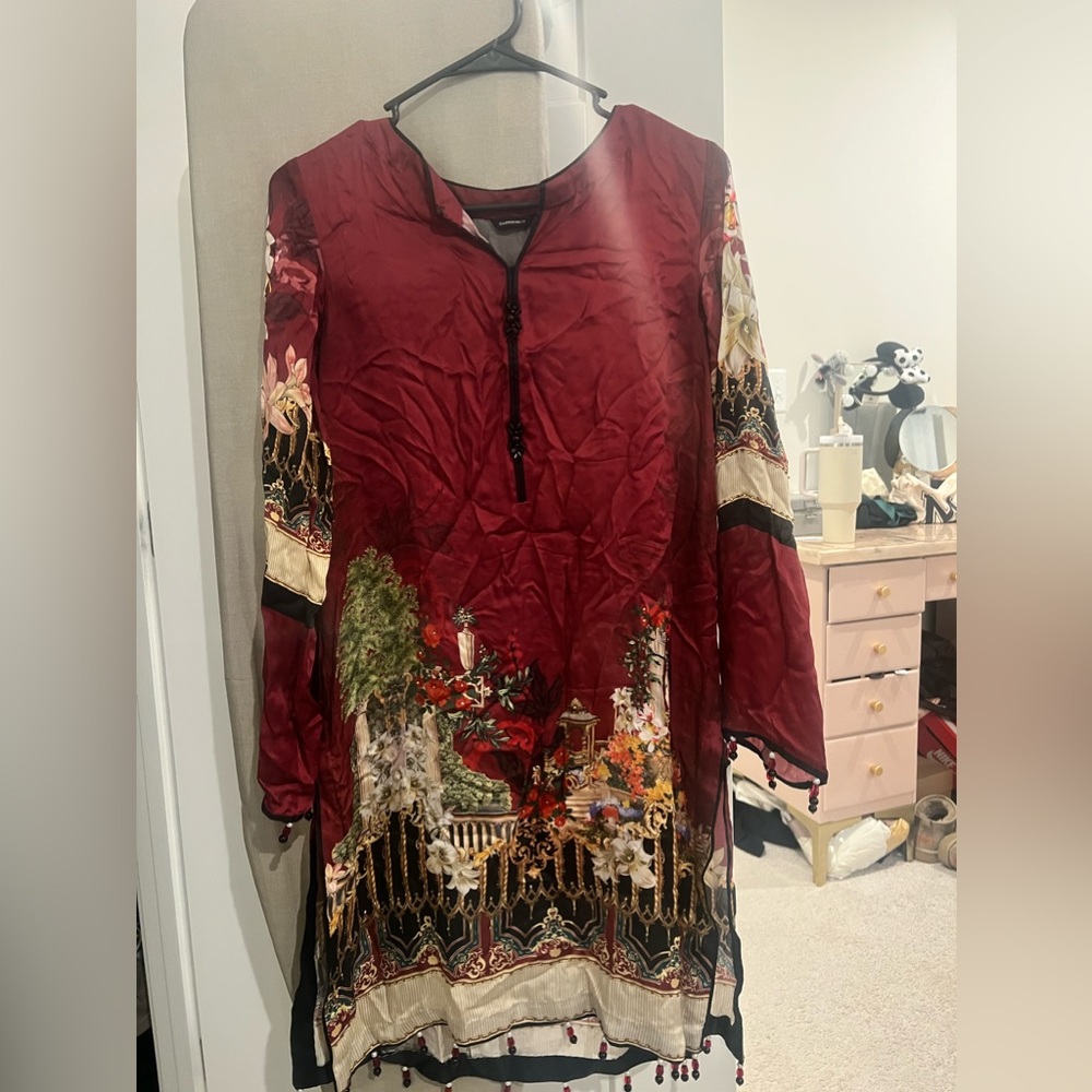 Sapphire satin maroon kurti with beaded work